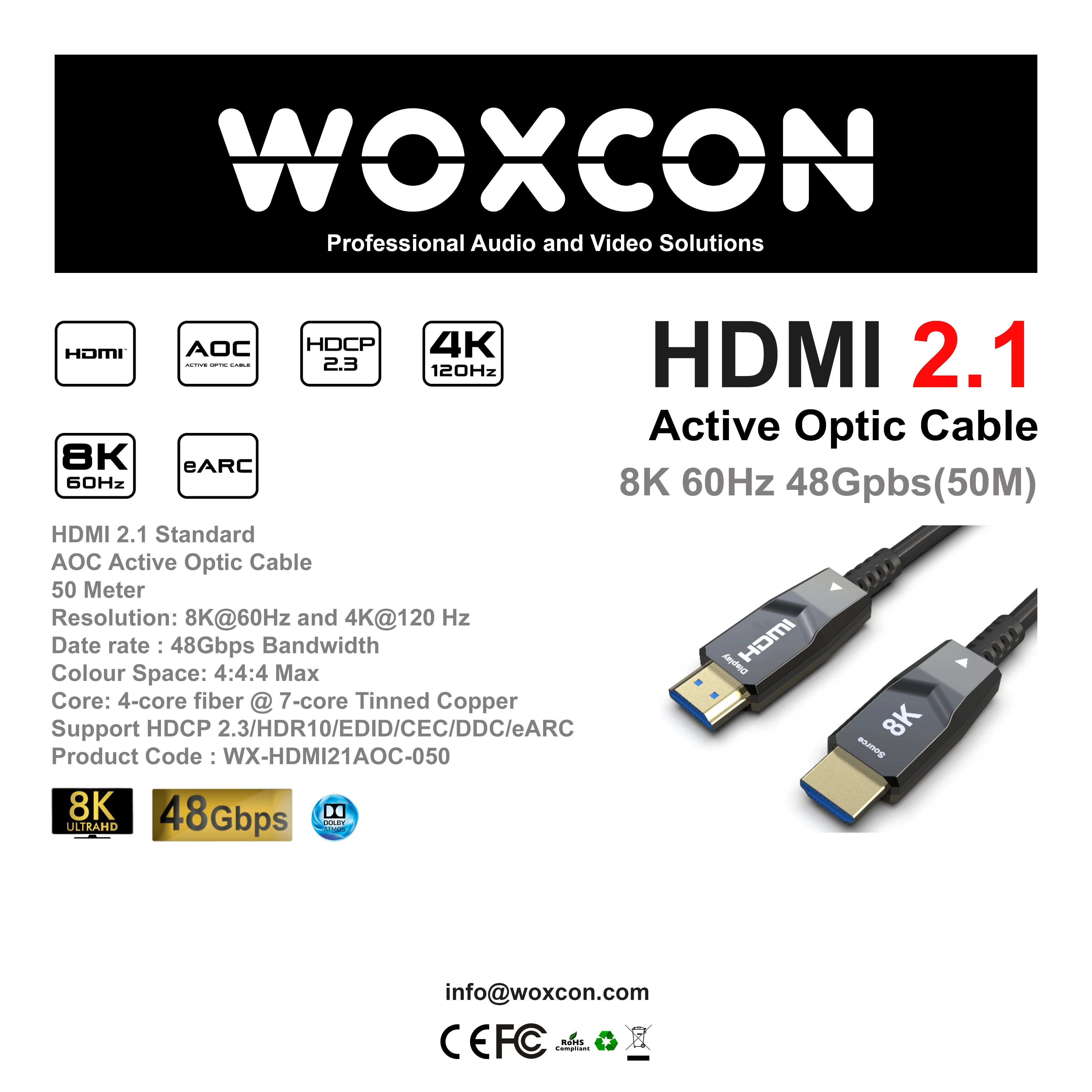 Woxcon 50 Metre HDMI 2.1 Hibrit Aktif Optik Kablo 8K
