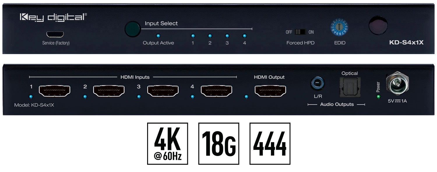 Key Digital KD-S4X1X-2 4x1 4K/18G HDMI Switcher 
