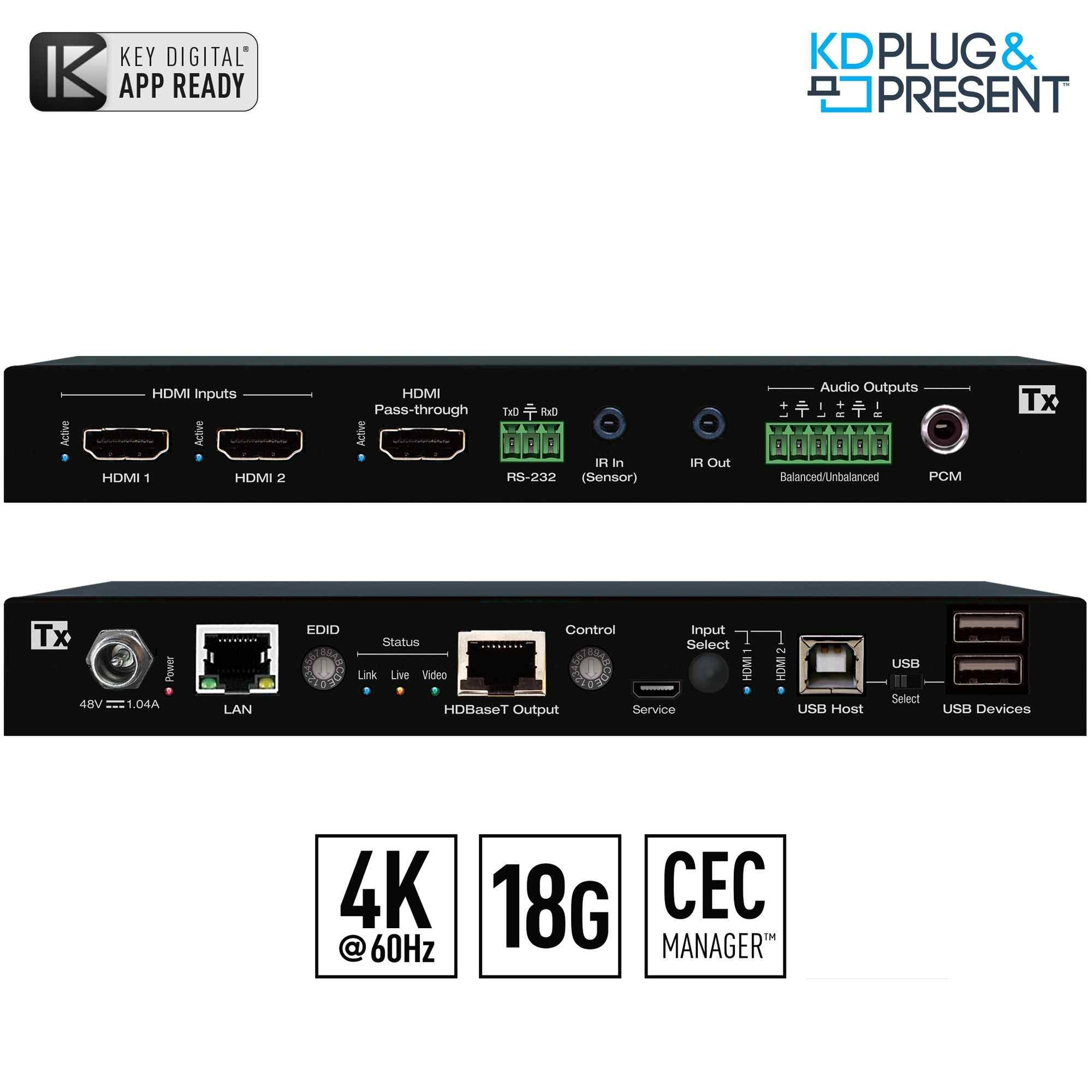 Key Digital KD-PS22UTx 4K/18G HDBaseT 2x1 Switcher + Extender (TX Only)