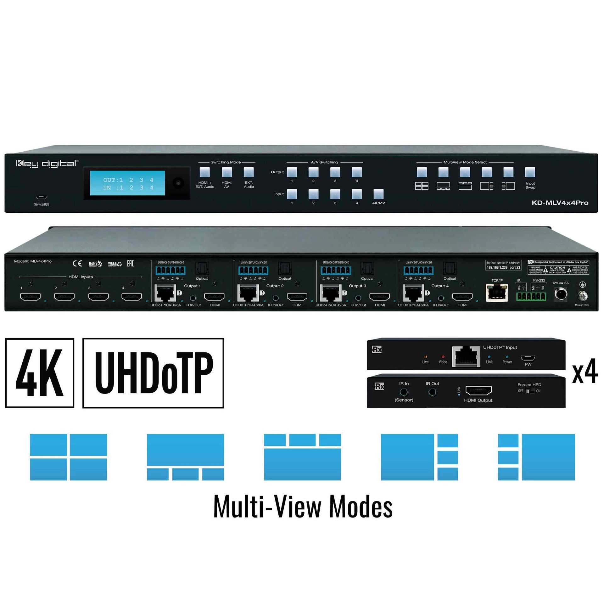 Key Digital KD-MLV4x4Pro 4x4 4K UHD HDMI Seamless Matrix Switcher