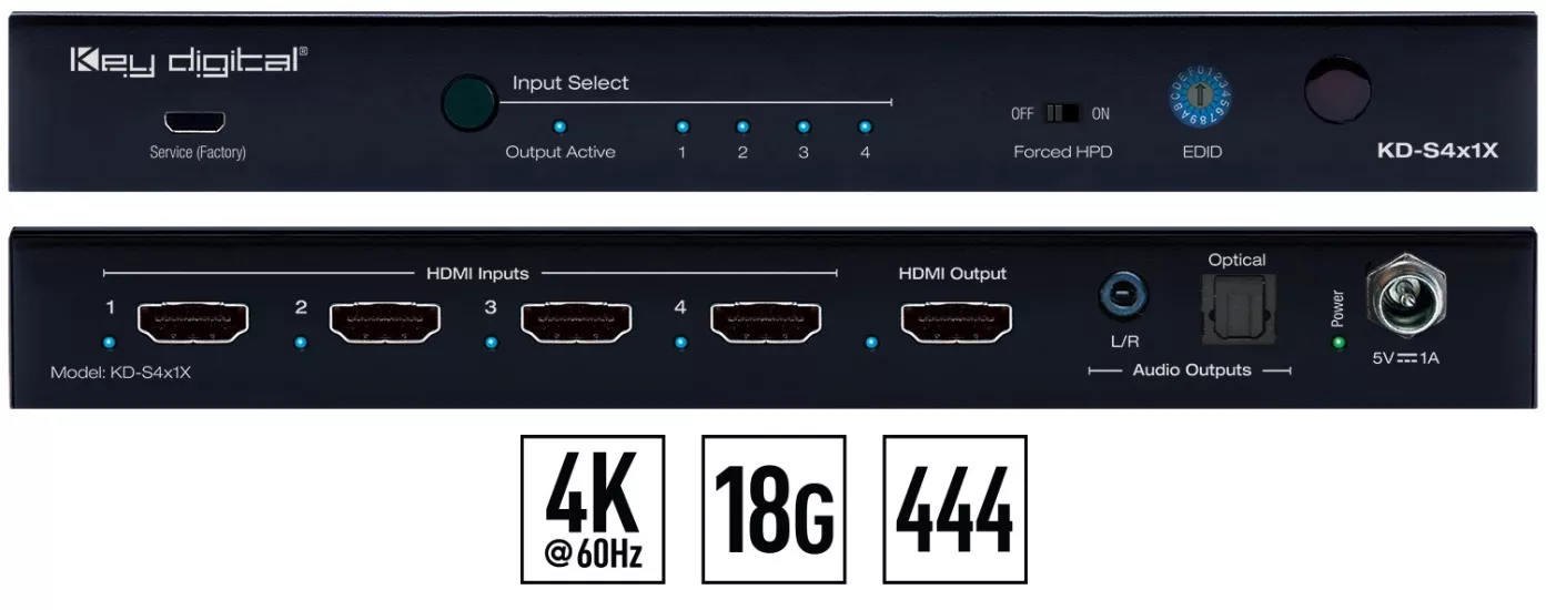 Key Digital KD-S4X1X-2 4x1 4K/18G HDMI Switcher 